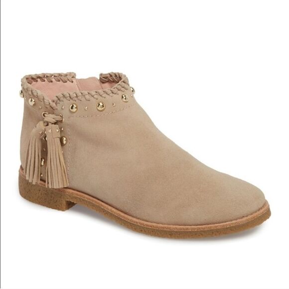 Kate Spade Bowie Desert Tan Suede Leather Fringe Tassel Zip Ankle Boot Booties‎